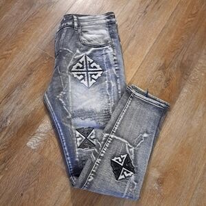 Guapo Jeans Men's Fashion Distressed Jeans Gray Denim Embroidered Design Size 34